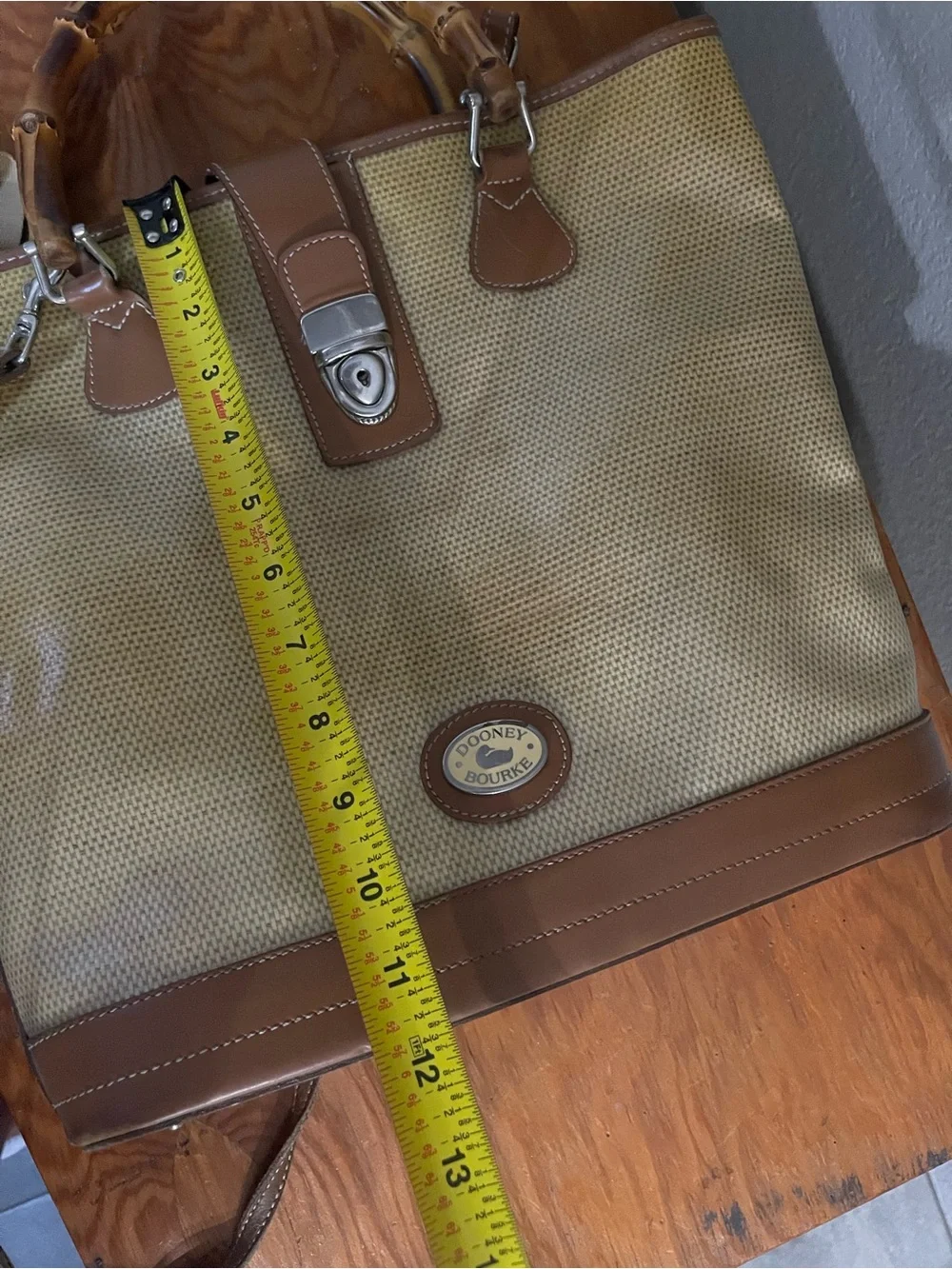 Dooney & Bourke Beige Canvas Tote with Brown Leather & Bamboo Handles